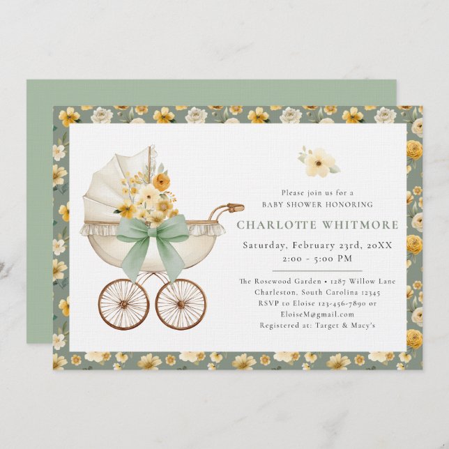 Sage Green Floral Carriage Baby Shower Invitation (Front/Back)