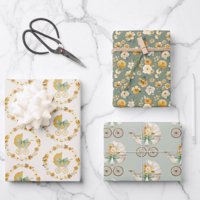 Sage Green Floral Carriage Baby Shower  Wrapping Paper Sheet (Front)