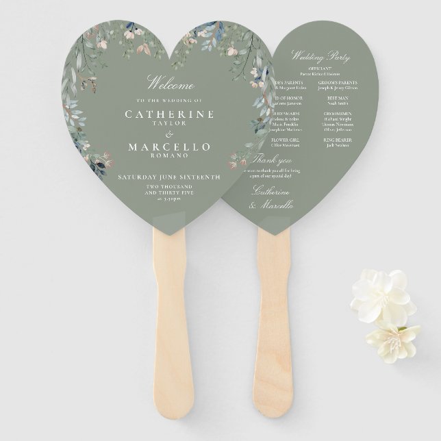 Sage Green Floral Cascade Wedding Program Hand Fan (Front and Back)