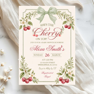 Sage Green Floral Cherry On Top Baby Shower Invitation