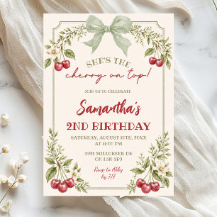 Sage Green Floral Cherry On Top Birthday Invitation