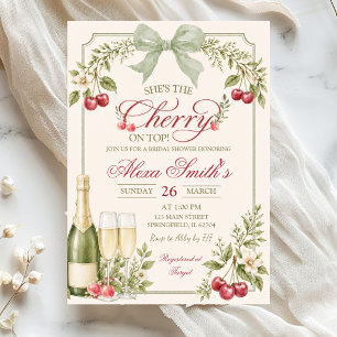 Sage Green Floral Cherry On Top Bridal Shower Invitation