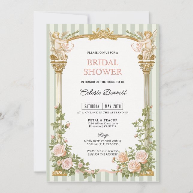 Sage Green Floral Cherub Bridal Shower  Invitation (Front)