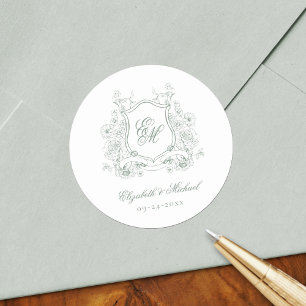 Sage Green Floral Crest Monogram Elegant Wedding Classic Round Sticker