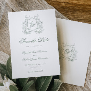 Sage Green Floral Crest Monogram Elegant Wedding Save The Date