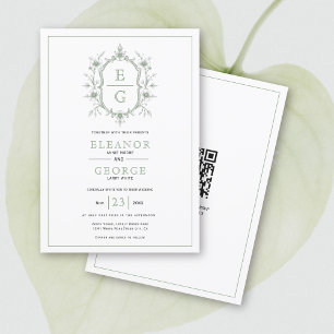 Sage green floral crest monogram QR code wedding Invitation