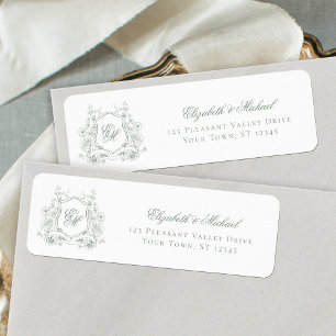 Sage Green Floral Crest Monogram Wedding Address