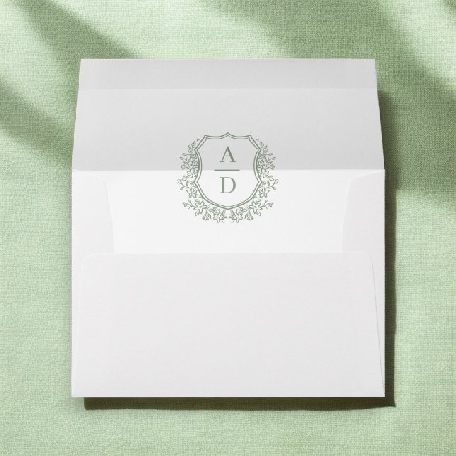 Sage Green Floral Crest Monogram Wedding Envelope (Creator Uploaded)