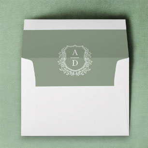 Sage Green Floral Crest Monogram Wedding Envelope