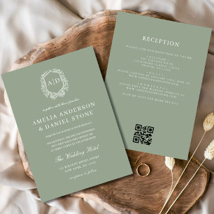 Sage Green Floral Crest Monogram Wedding QR Code Invitation