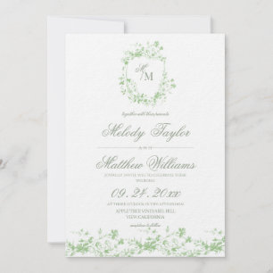 Sage Green Floral Crest Royal Calligraphy Wedding Invitation