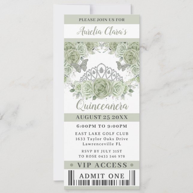 Sage Green Floral Crown Quinceañera VIP Ticket Invitation (Front)