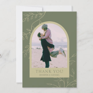 Sage Green Floral Custom Add Photo Frame Wedding Thank You Card