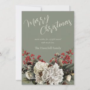 Sage Green Floral Custom Family Name Christmas Holiday Card