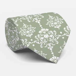 Sage Green Floral Damask Pattern Groomsmen Wedding Tie