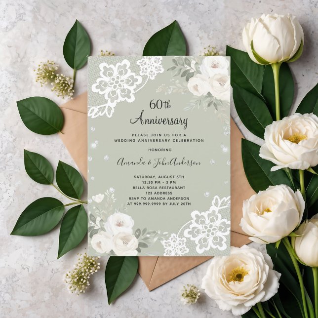 Sage green floral diamond 60th wedding anniversary invitation (Creator Uploaded)