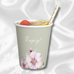 Sage Green Floral Dusty Pink Roses Bridal Shower Paper Cups