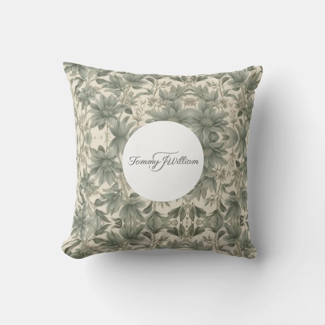 Sage Green Floral Elegant Cushion (Front)