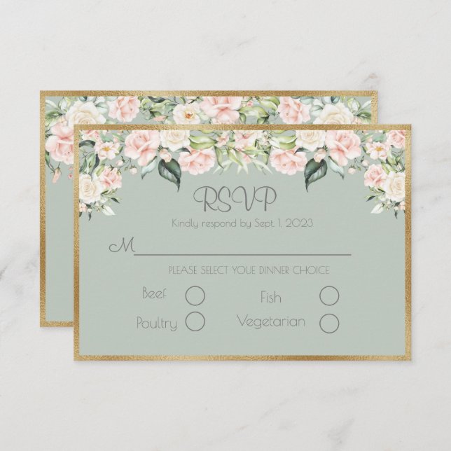 Sage Green Floral Elegant Script Weddding RSVP Card (Front/Back)