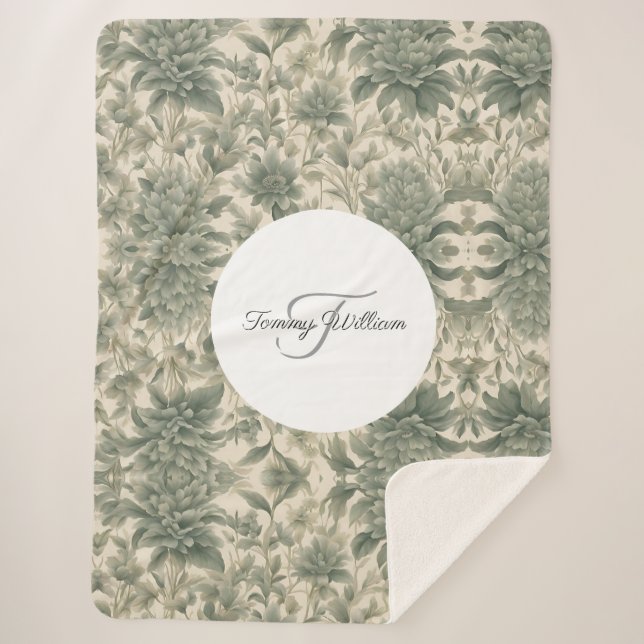 Sage Green Floral Elegant Sherpa Blanket (Front)
