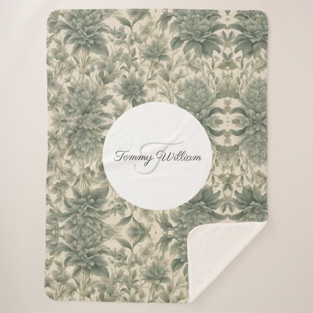 Sage Green Floral Elegant Sherpa Blanket (Front)