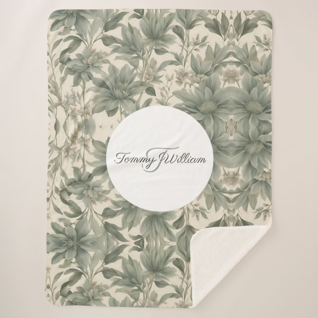 Sage Green Floral Elegant Sherpa Blanket (Front)