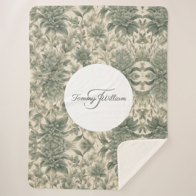 Sage Green Floral Elegant Sherpa Blanket (Front)