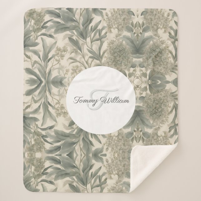 Sage Green Floral Elegant Sherpa Blanket (Front)