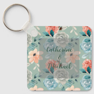 Sage Green Floral Elegant Wedding Calligraphy  Key Ring