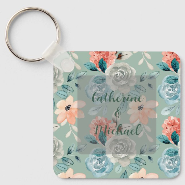 Sage Green Floral Elegant Wedding Calligraphy  Key Ring (Front)