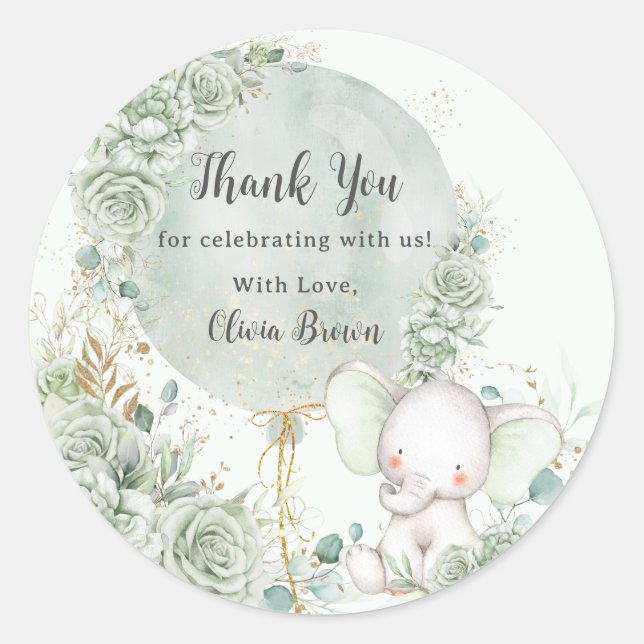 Sage Green Floral Elephant Baby Shower Classic Round Sticker (Front)