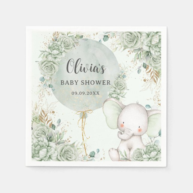 Sage Green Floral Elephant Baby Shower Napkin (Front)