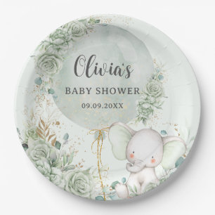 Sage Green Floral Elephant Baby Shower Paper Plate