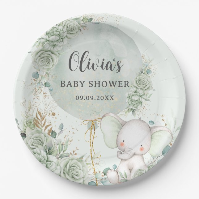 Sage Green Floral Elephant Baby Shower Paper Plate (Front)