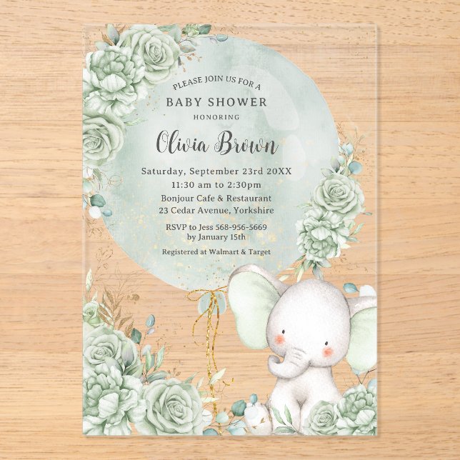 Sage Green Floral Elephant Neutral Baby Shower Acrylic Invitations (Front)