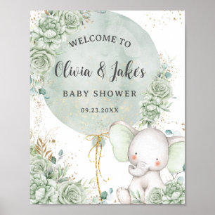 Sage Green Floral Elephant Neutral Baby Shower Poster