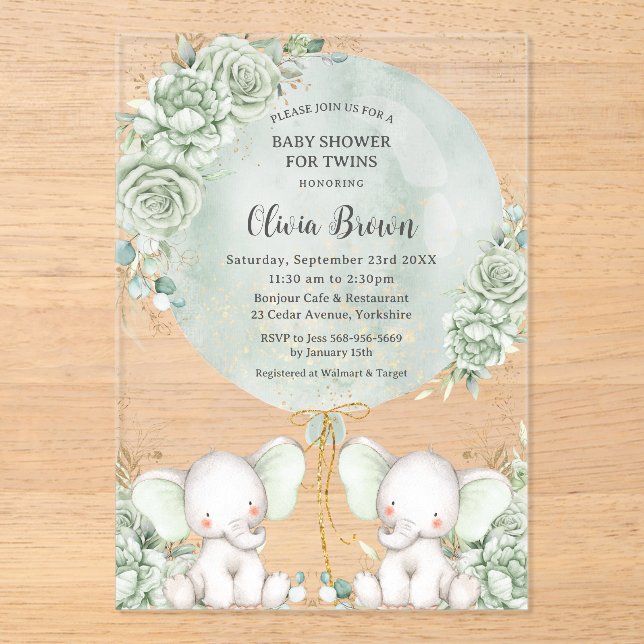 Sage Green Floral Elephants Twins Baby Shower Acrylic Invitations (Front)