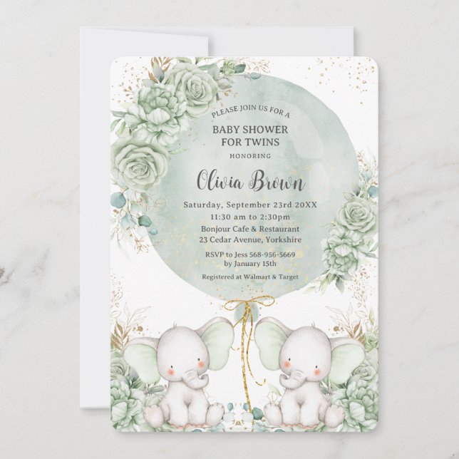 Sage Green Floral Elephants Twins Baby Shower Invitation (Front)