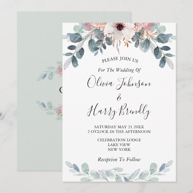 Sage Green Floral Eucalyptus Greenery Wedding I Invitation (Front/Back)