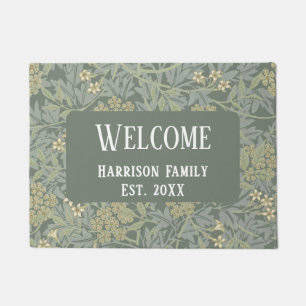 Sage Green Floral Family Name Established Welcome Doormat