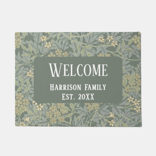 Sage Green Floral Family Name Established Welcome  Doormat (Front)