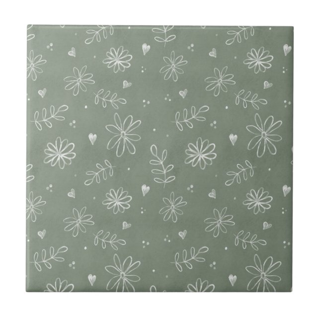 Sage Green Floral Farmhouse Ceramic Tile (Front)