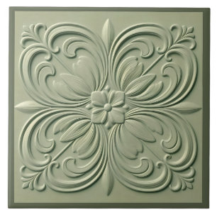 Sage Green Floral Faux Relief Decorative Tile