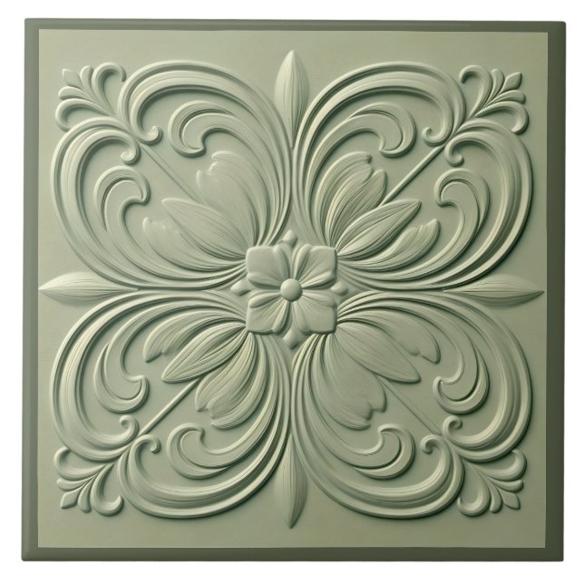 Sage Green Floral Faux Relief Decorative Tile (Front)