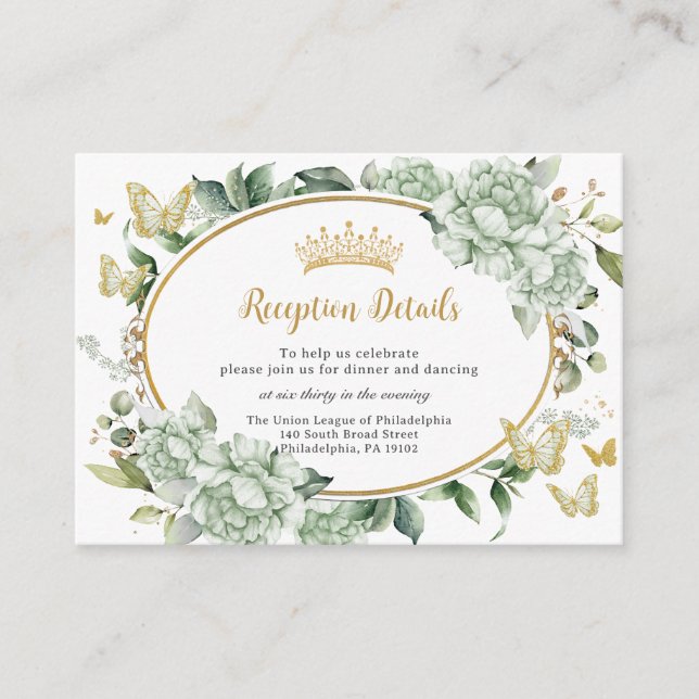 Sage Green Floral Flowers Butterflies Quinceañera Enclosure Card (Front)