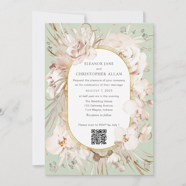 Sage Green floral garden modern QR code wedding Invitation (Front)