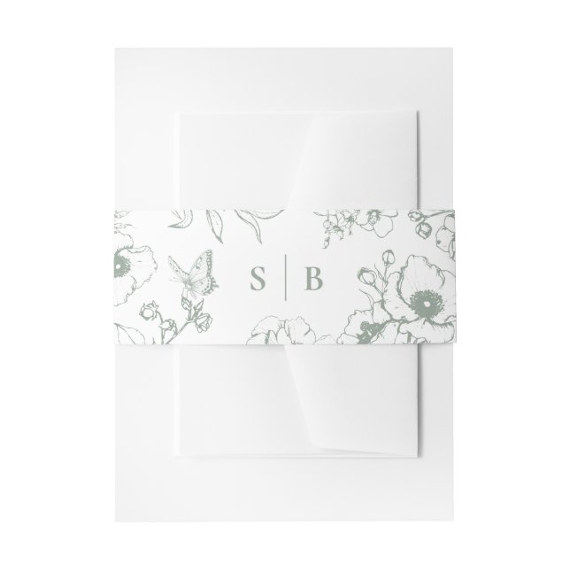 Sage Green Floral Garden Monogram Wedding Invitation Belly Band (Front Example)