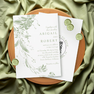 Sage green floral garland QR code wedding Invitation