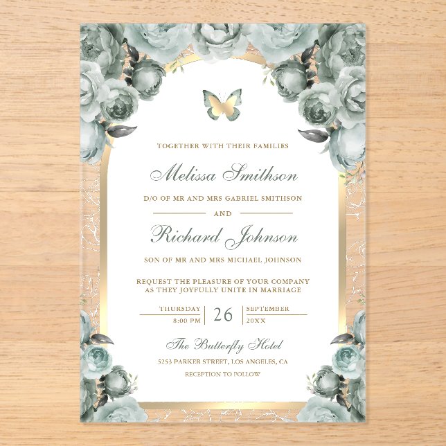 Sage Green Floral Gold Arch Butterfly Wedding Acrylic Invitations (Front)