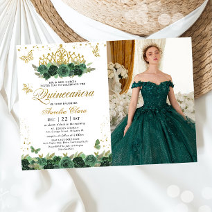 Sage Green Floral Gold Butterflies Quinceañera Invitation